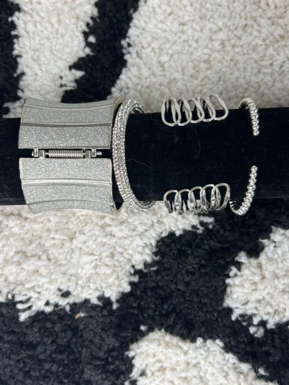 Chunky silver stack glitter rhinestones cuffs and hinged clamper